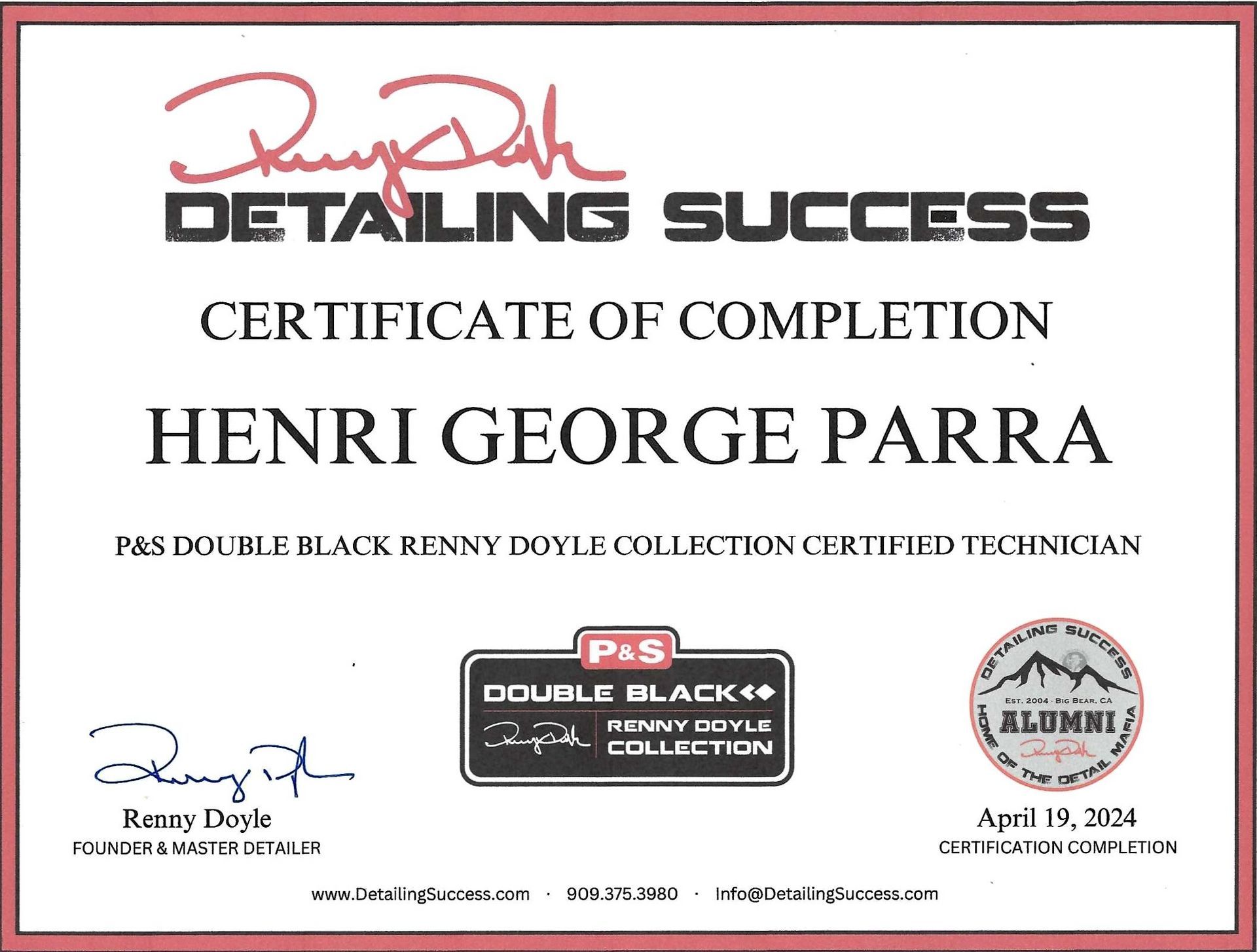 A certificate of completion for henri george parra