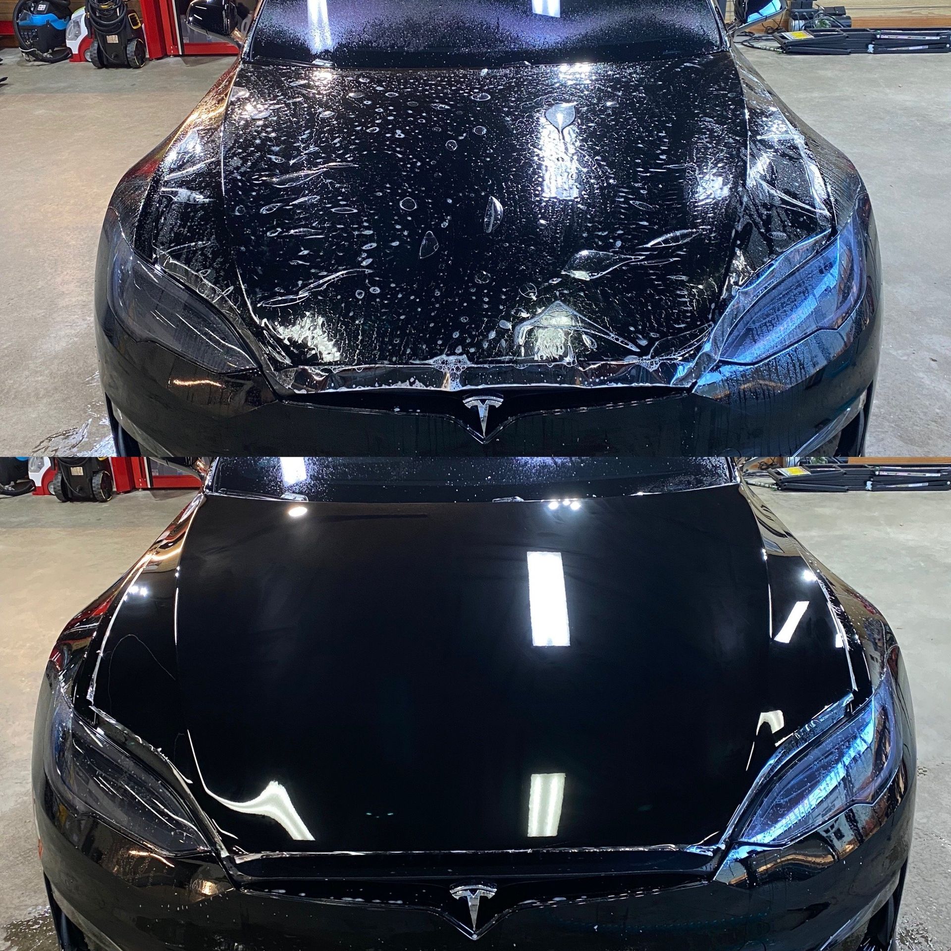 A before and after photo of a tesla model s