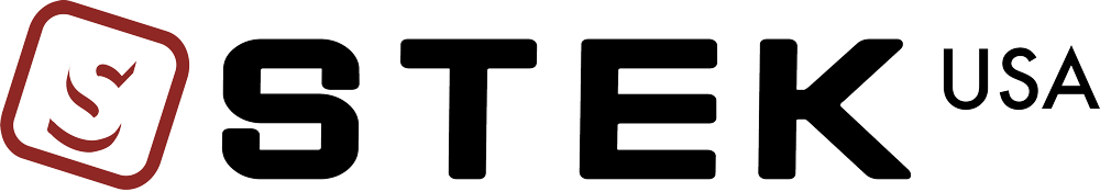The logo for stek usa is black and red on a white background.