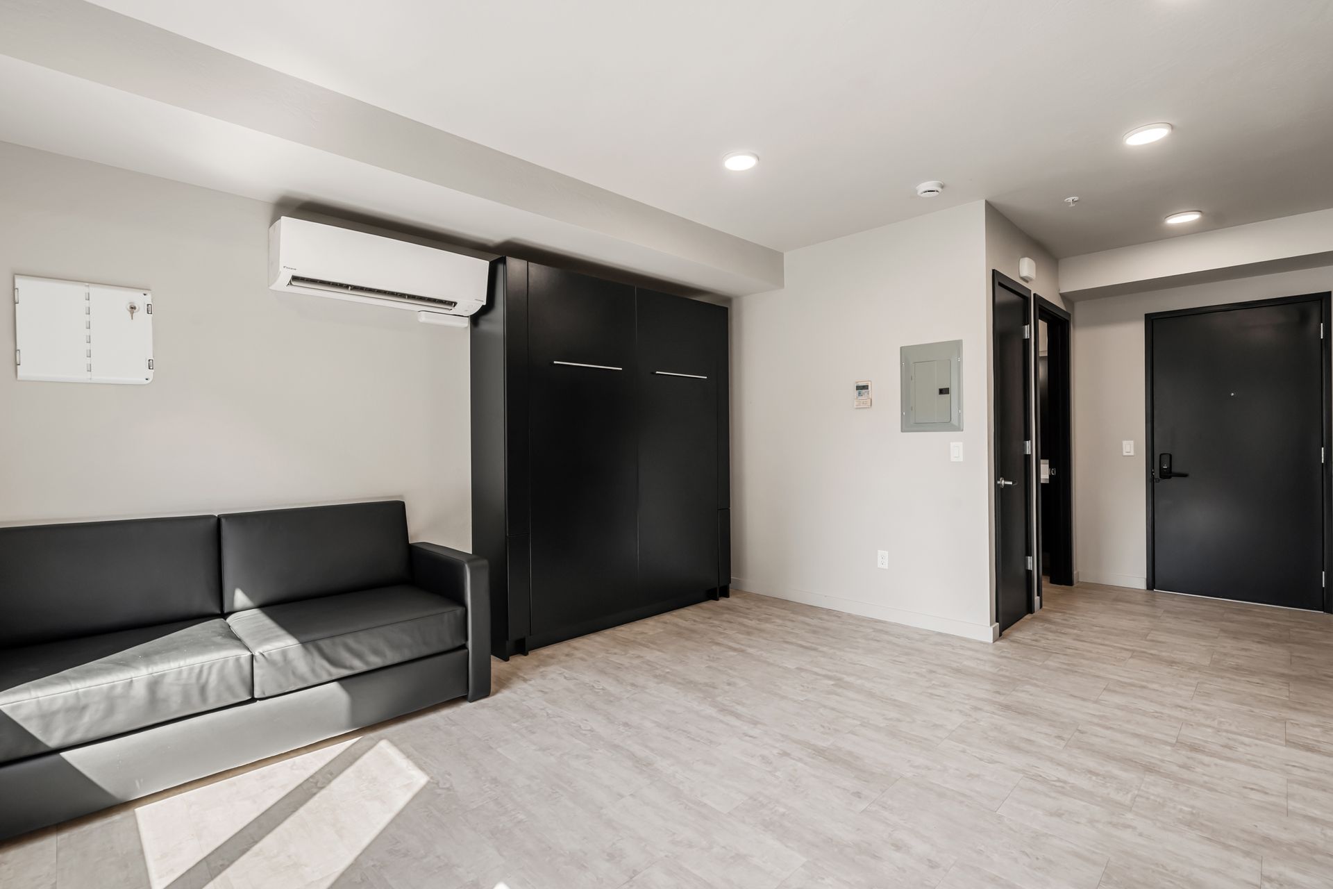 Photo of a studio apartment with a murphy bed in closet status