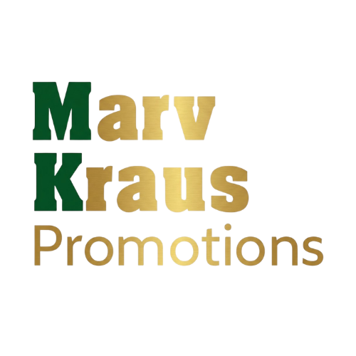 Marv Kraus Promotions logo in dark green and gold text on white background
