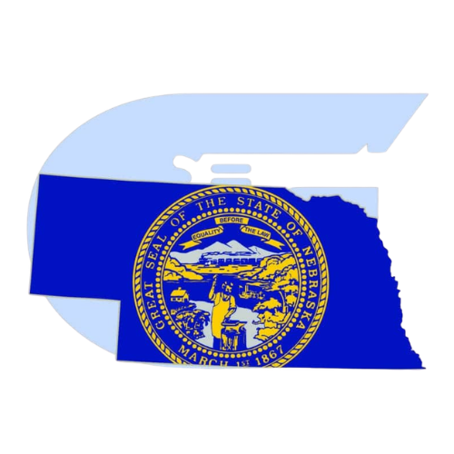 Outline of Mississippi filled with the state flag and seal in blue, white, and gold