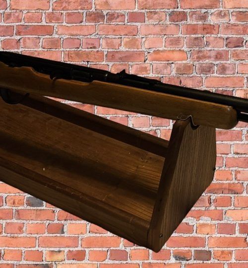 Wooden bench with a dark cushion against a brick wall background
