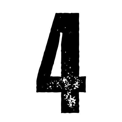 Black number four, grunge font, white background.