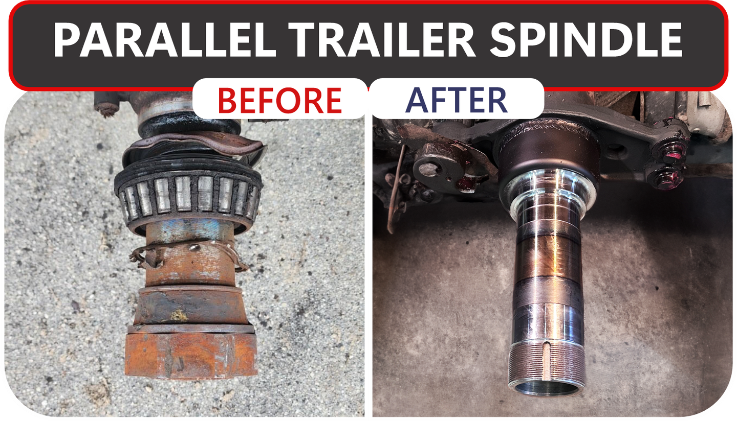 Comparison of trailer spindle before (rusted) and after (cleaned) repair.