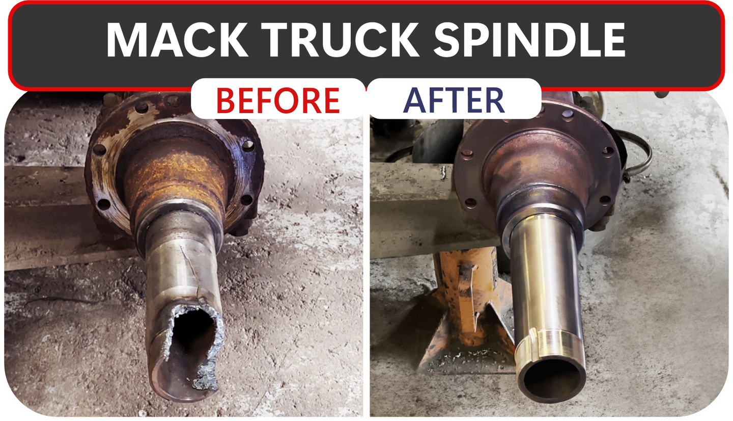 Mack truck spindle: Before and after comparison. The before shows significant damage and rust, while after is clean and repaired.