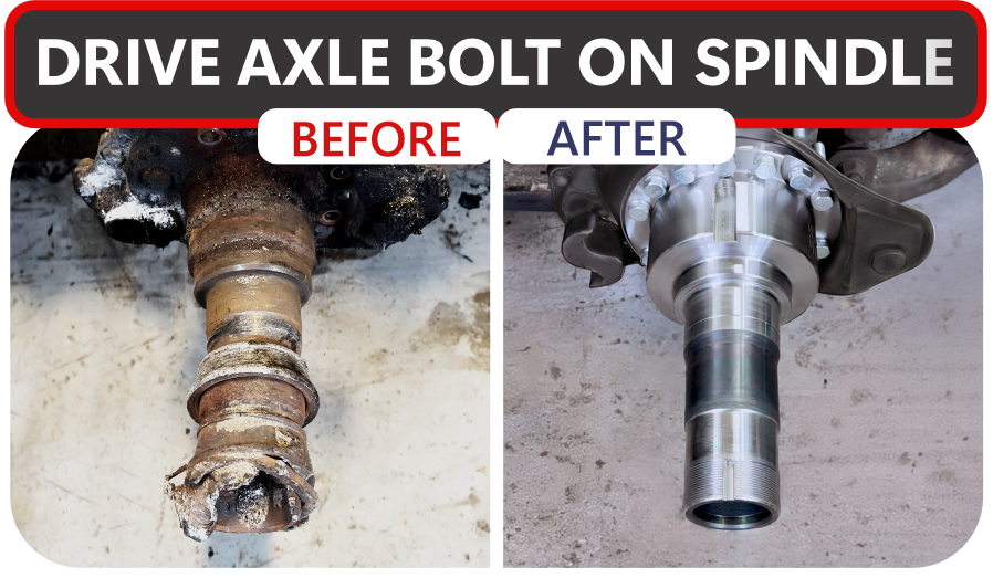 Drive axle spindle repair comparison: dirty, damaged axle before, clean replacement after.
