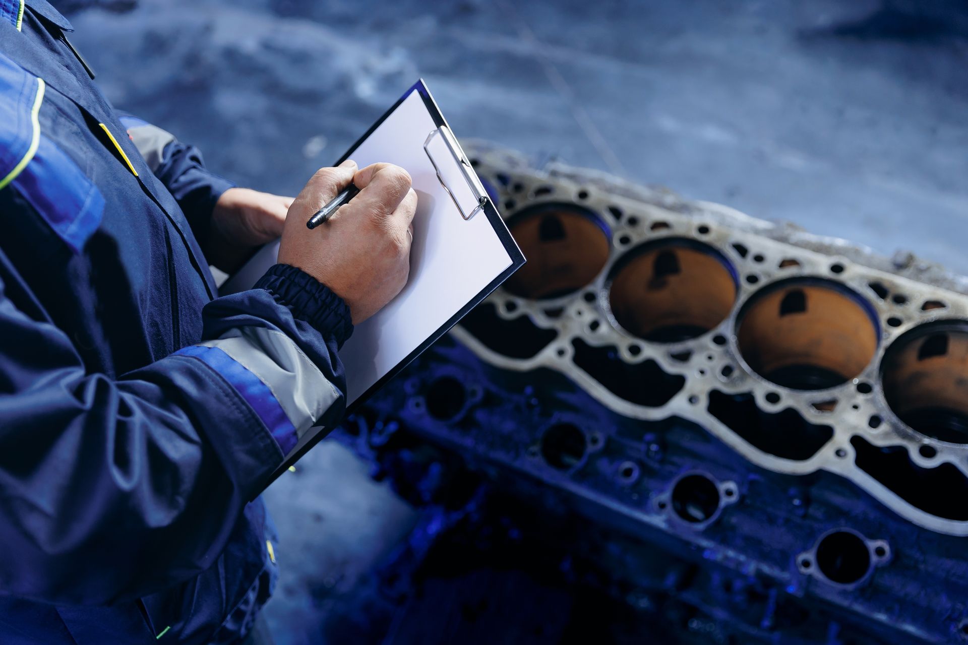 Worker inspecting engine block with a clipboard and pen in an industrial setting