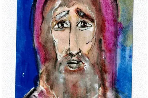 Watercolor portrait of a bearded man with a pink hood, looking sad against a blue background.