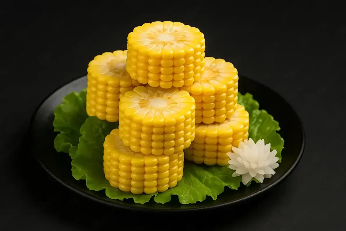 Stacked yellow corn rounds on a black plate with green lettuce leaves and a white garnish