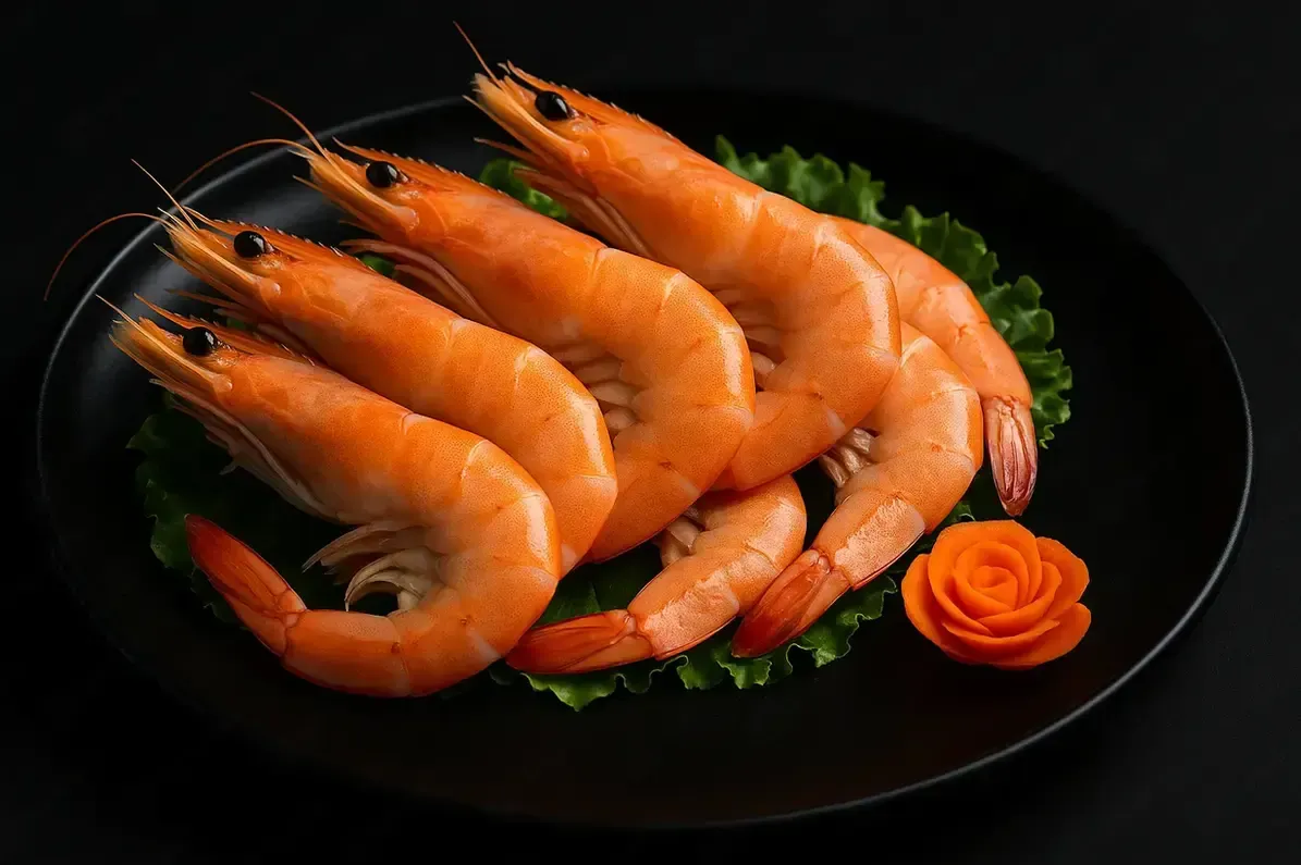 Black plate of cooked shrimp arranged with parsley and a carved carrot garnish on a dark background