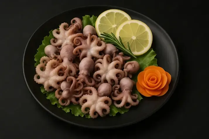 Plate of cooked octopus tentacles garnished with lemon slices and a carved carrot flower on a black dish