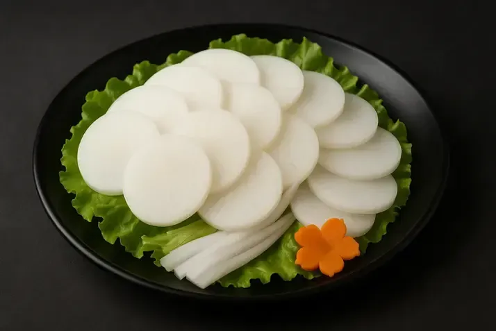 Sliced white radish arranged on a black plate with green lettuce garnish and an orange flower