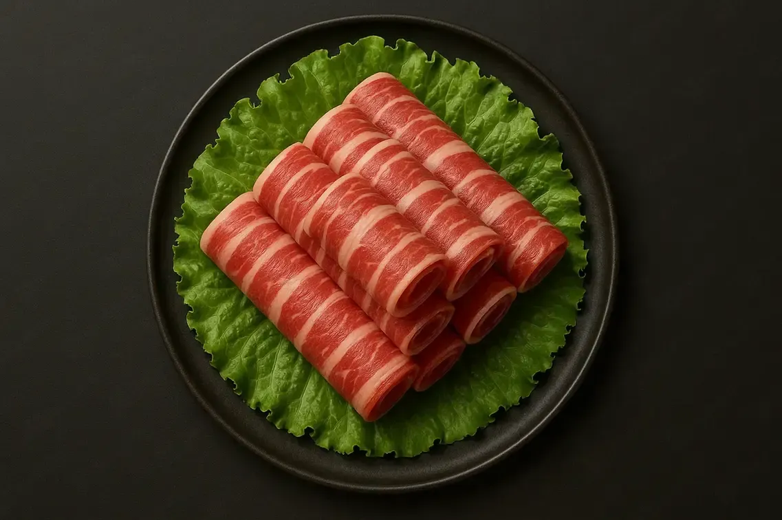 Sliced red meat arranged on lettuce in a black bowl