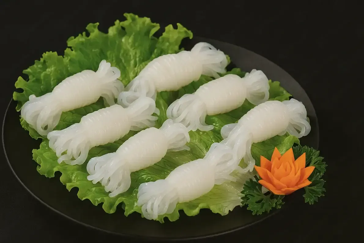 White sushi rolls arranged on a black plate with green garnish and an orange carrot flower