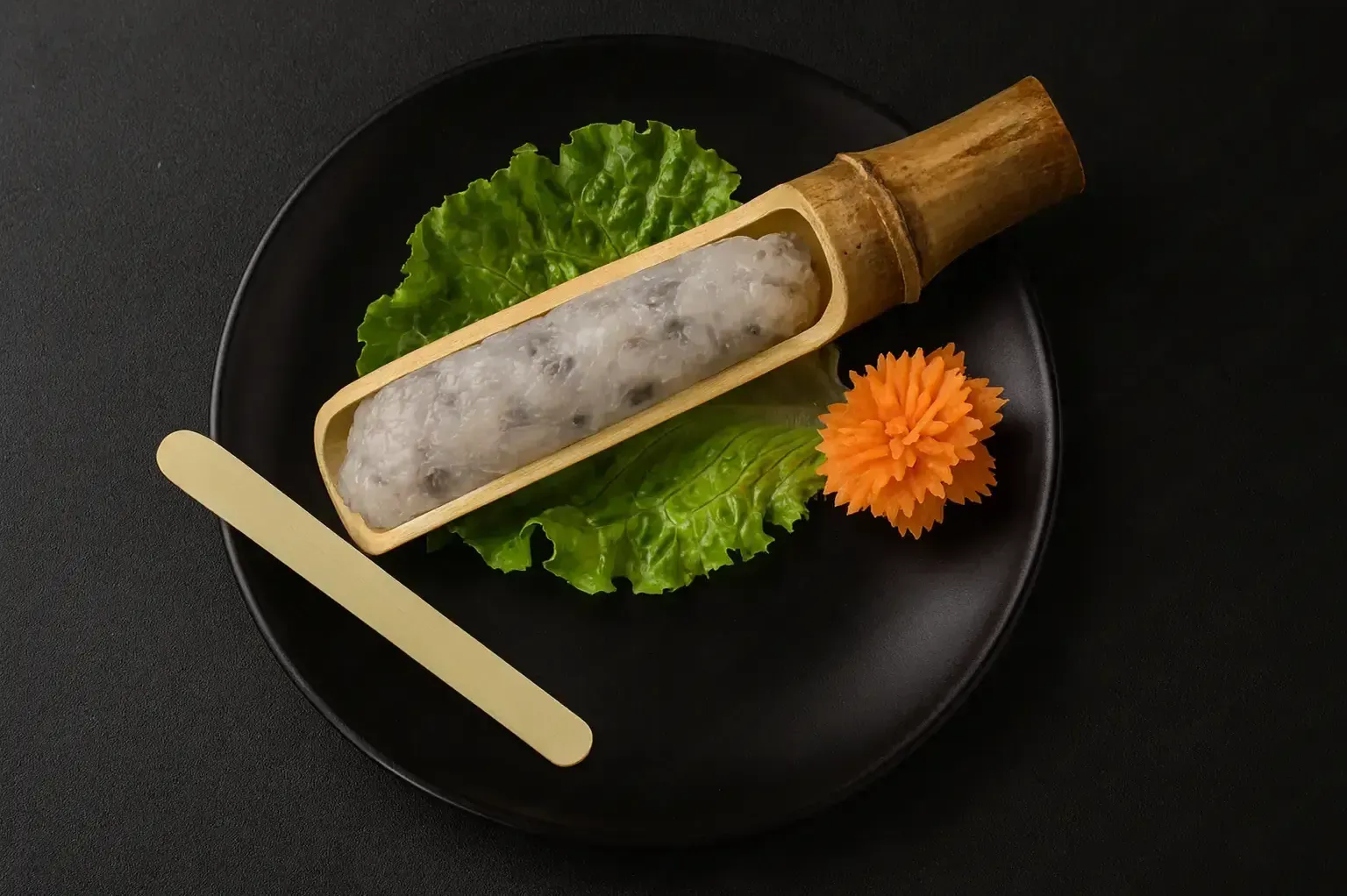 Decorative bamboo tube with white filling on a black plate, garnished with lettuce and an orange flower