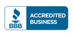 BBB Accredited Business logo, featuring a blue torch icon on the left and white text on a blue rectangular background.