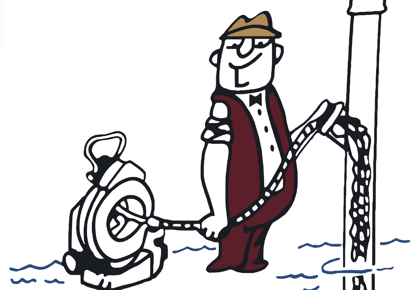 A cartoon person in a vest and hat standing in water, holding a chain attached to a circular object and a vertical pipe.