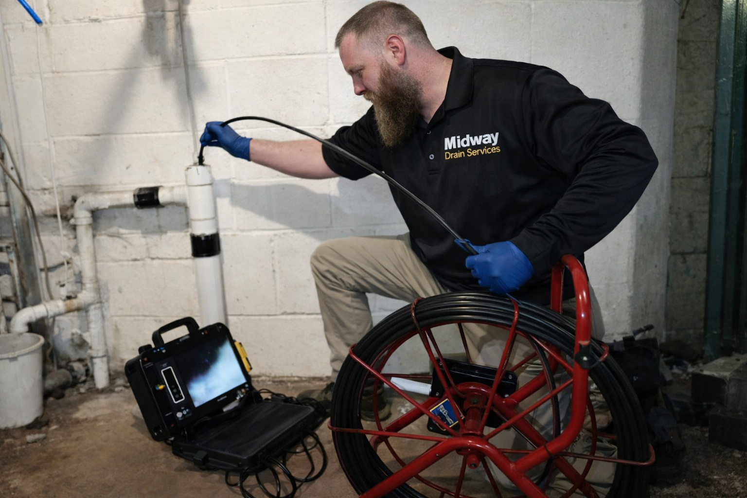A worker in protective eyewear uses a drain cleaning machine to clear a floor drain in a public restroom.