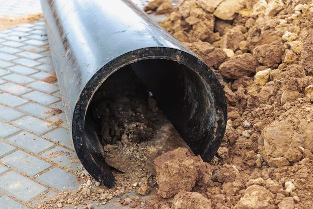 A large, black pipe lying on a paved surface next to a pile of excavated dirt.