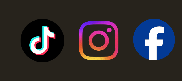 Iconos de las aplicaciones de redes sociales TikTok, Instagram y Facebook sobre un fondo oscuro.