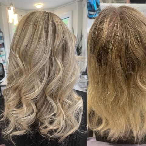 Side-by-side blonde hair transformation: smooth, curled style on left, darker messy hair on right.
