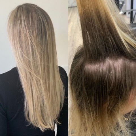 Blonde hair with a dark root regrowth band, shown from the back and in close-up.