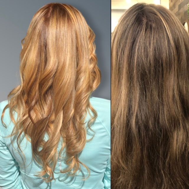 Side-by-side back views of wavy hair, before and after coloring from blonde to brown highlights.