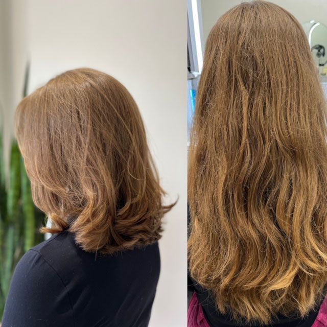 Side-by-side salon hair photo showing a shorter layered cut before and long wavy hair after