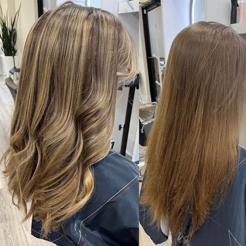 Before and after salon hair color and styling, showing highlighted waves next to straight brown hair.