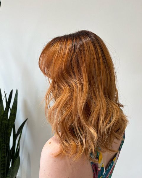 Side view of wavy copper hair with blonde highlights against a light background