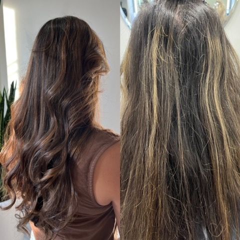 Side-by-side view of hair before and after highlighting, showing dark brown hair and lighter blonde streaks
