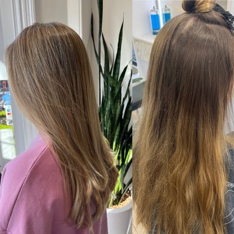 Side-by-side salon hair view: smooth brown-blonde hair before and after highlights, back and side angles