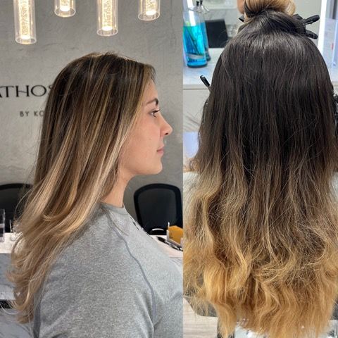 Side-by-side salon photos of long, wavy hair with dark roots fading to blonde ends