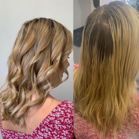 Side-by-side hair makeover: blonde wavy bob before and after with warmer, longer hair.