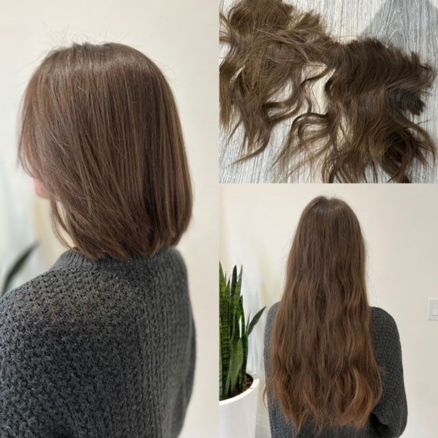 Collage showing a shoulder-length brown haircut, close-up wavy hair, and the back view of long brown hair