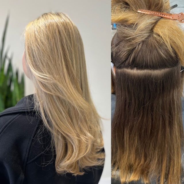 Blonde hair before and after coloring: soft blonde on the left, darker roots with highlighted ends on the right