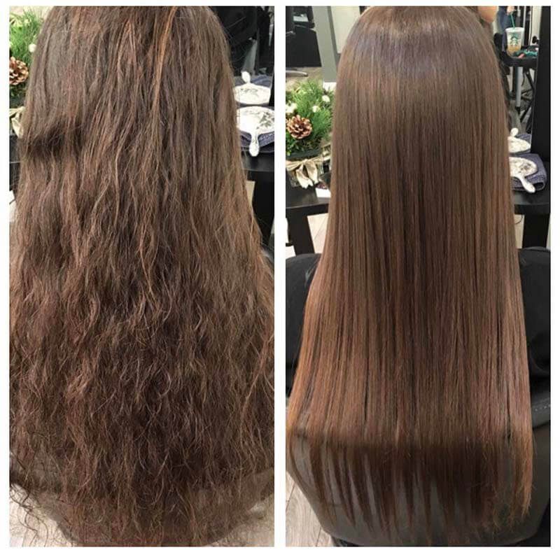 Before-and-after hair treatment: frizzy brown hair transformed into smooth, straight, shiny hair