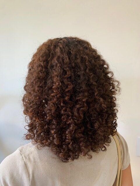 Back view of a person with curly brown hair