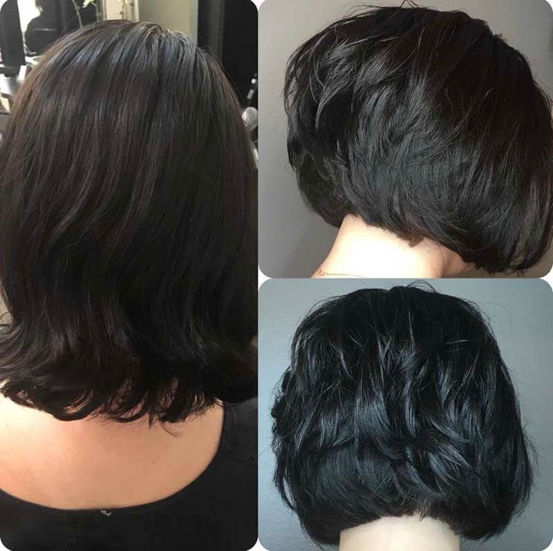 Short black bob haircut shown from back and side angles