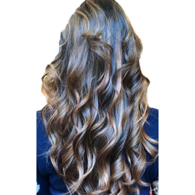 Back view of long wavy brown hair with blonde highlights