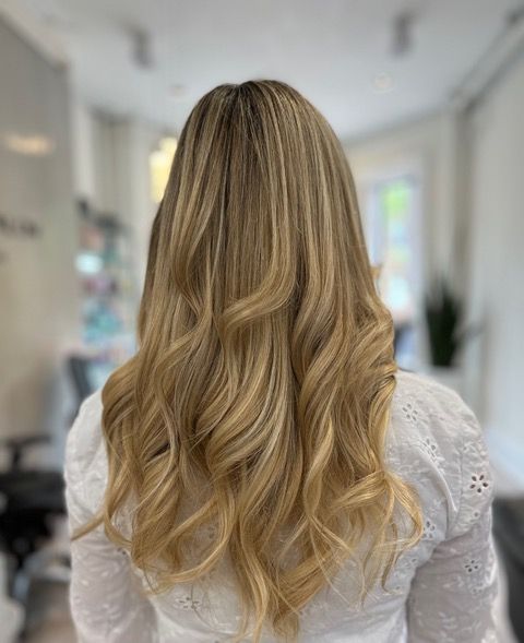 Back view of long, wavy blonde hair with subtle highlights