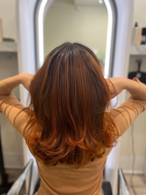 Person seated in salon chair, seen from behind with shoulder-length auburn hair
