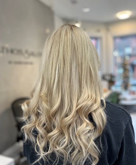 Blonde wavy hair viewed from behind