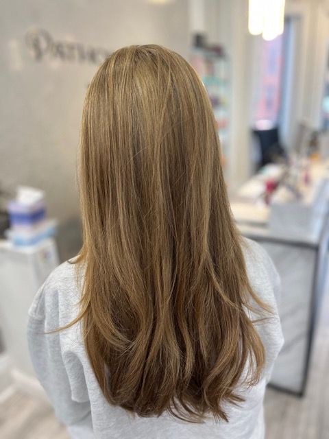 Back view of long, layered light brown hair