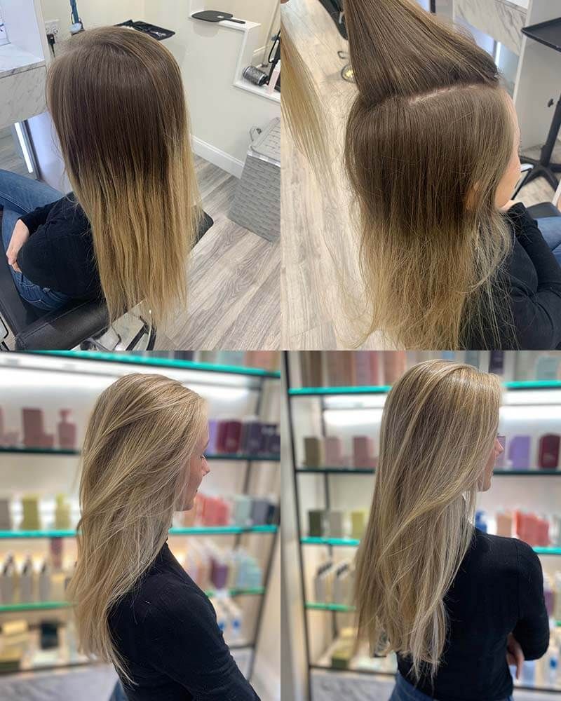 Hair salon collage showing a long blonde hair transformation with layered, highlighted styling views