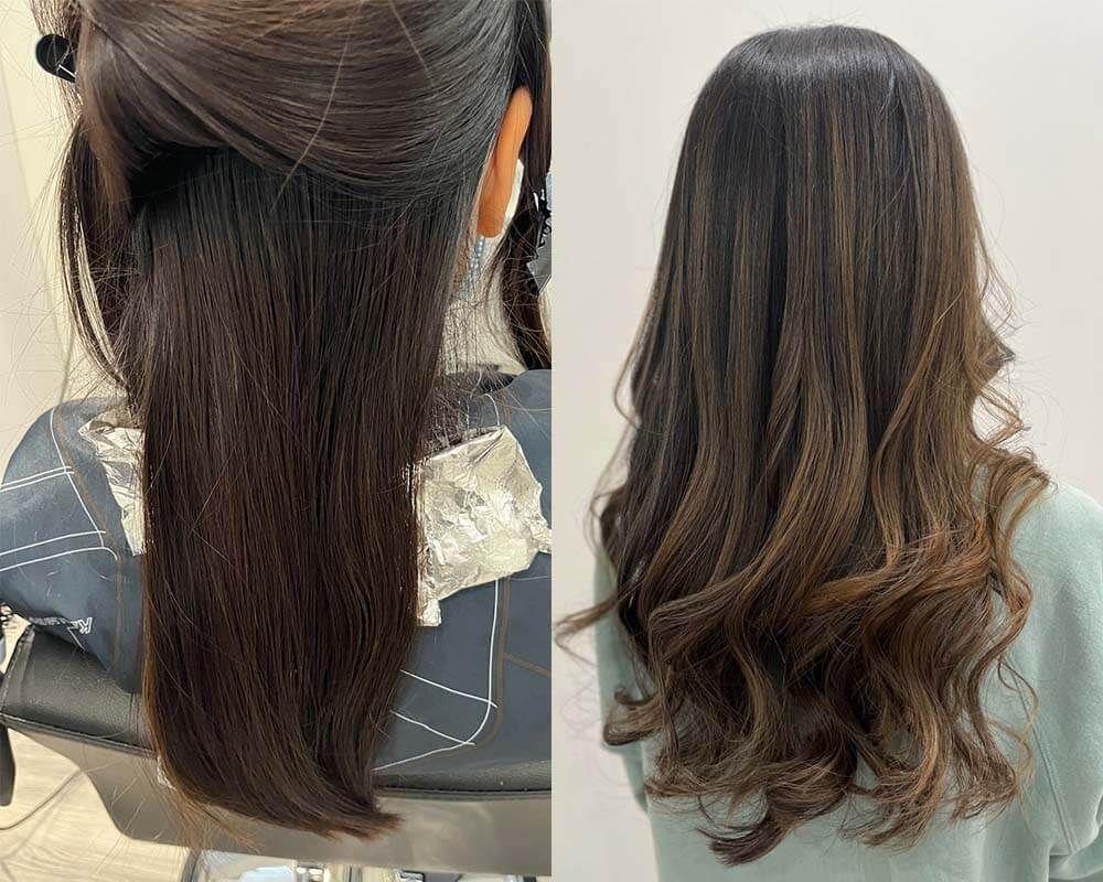 Before-and-after view of long dark hair, showing a straight style on the left and curled layers on the right