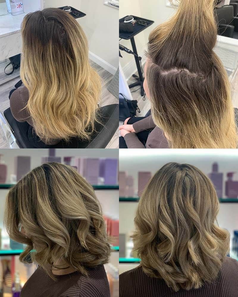 Before-and-after hair color and styling transformation with blonde balayage and curled ends.