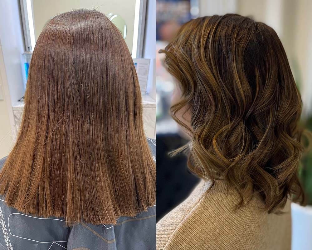 Before-and-after hair makeover: straight brown shoulder-length hair transformed into wavy highlighted bob.