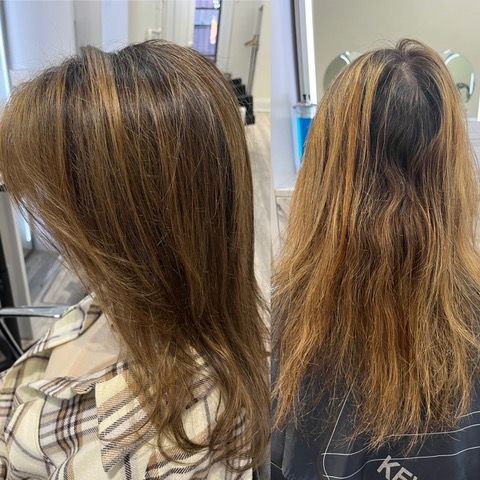 Hair salon before-and-after: brunette hair transformed from frizzy to smooth, layered blowout.